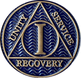 1 Year AA Medallion Antique Bronze and Reflex Blue Color Sobriety Medallion