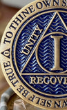 1 Year AA Medallion Antique Bronze and Reflex Blue Color Sobriety Medallion