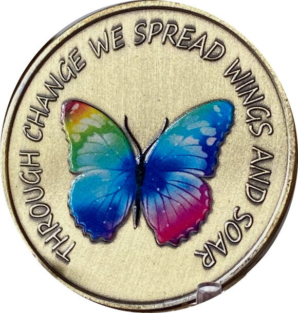 Through Change We Spread Wings And Soar Rainbow Color Butterfly Serenity Prayer Medallion