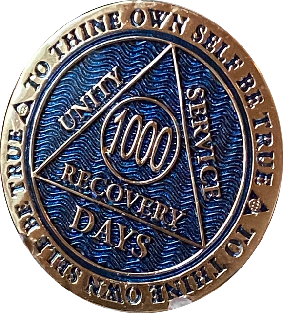1000 Days AA Medallion Reflex Blue Gold Plated Sobriety Chip