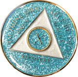 AA Medallion Aqua Blue Glitter Tri-Plate Sobriety Chip Year 1 - 45 - RecoveryChip