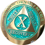 1 - 10 Year AA Medallion Elegant Glitter Aqua Turquoise Gold & Silver Plated Sobriety Chip - RecoveryChip