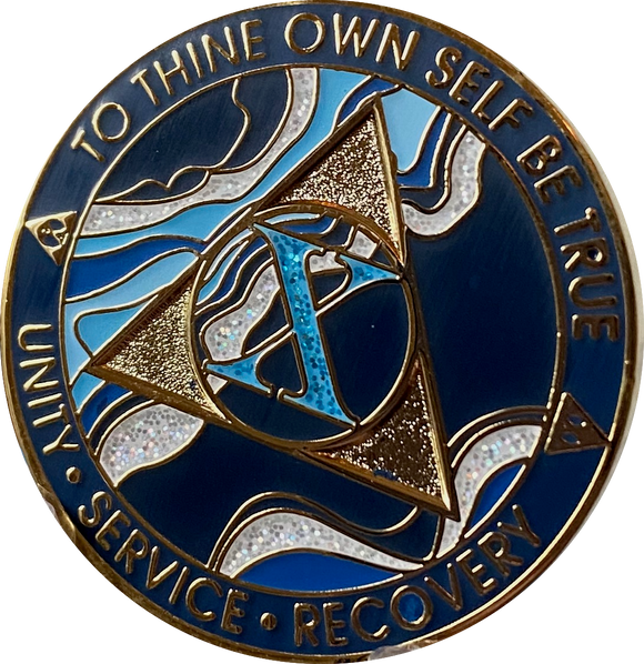 10 Year AA Medallion Elegant Navy Blue Marble Gold Sobriety Chip