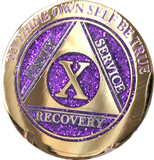 10 Year AA Medallion Elegant Purple Glitter Gold Silver Sobriety Chip