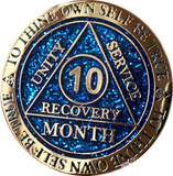 1 - 11 or 18 Month AA Medallion Reflex Blue Glitter Gold Plated Sobriety Chip - RecoveryChip