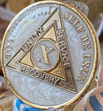 10 Year AA Medallion Opulent Pearl Silver Swirl Tri-Plate Sobriety Chip