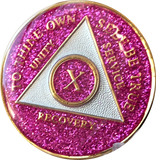 AA Medallion Pink Glitter Tri-Plate Sobriety Chip Year 1 - 45 - RecoveryChip