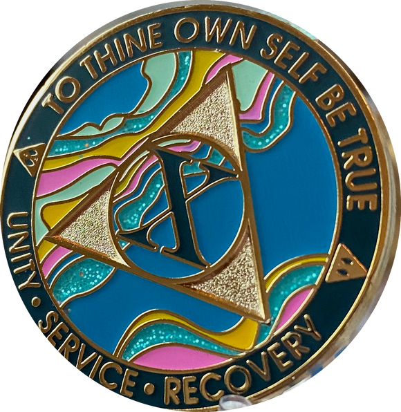 10 Year AA Medallion Elegant Tahiti Teal Blue and Pink Marble Gold Sobriety Chip