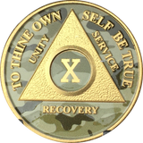 Camo & Gold Plated AA Medallion Any Year or Month 1 - 65 Alcoholics Anonymous Chip - RecoveryChip