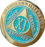 1 - 15 Year AA Medallion Elegant Glitter Aqua Turquoise Gold & Silver Plated Sobriety Chip