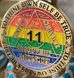 1 2 3 4 5 6 7 8 9 10 11 or 18 Month AA Medallion Reflex Rainbow Glitter Sobriety Chip