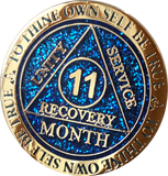 1 - 11 or 18 Month AA Medallion Reflex Blue Glitter Gold Plated Sobriety Chip - RecoveryChip