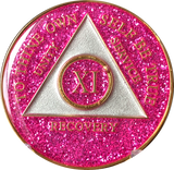 AA Medallion Pink Glitter Tri-Plate Sobriety Chip Year 1 - 45 - RecoveryChip