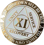 1 2 3 4 5 6 7 8 9 10 11 12 13 14 or 15 Year AA Medallion Reflex White Glitter Gold Plated Sobriety Chip