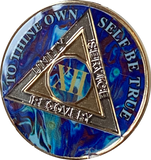 12 Year AA Medallion Sapphire Blue Swirl Tri-Plate Sobriety Chip