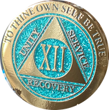 1 - 15 Year AA Medallion Elegant Glitter Aqua Turquoise Gold & Silver Plated Sobriety Chip