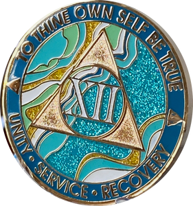 12 Year AA Medallion Elegant Caribbean Aqua Glitter Teal Marble Gold Sobriety Chip