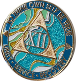 12 Year AA Medallion Elegant Caribbean Aqua Glitter Teal Marble Gold Sobriety Chip