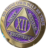 1 - 15 & 30 Year AA Medallion Elegant Glitter Purple Gold & Silver Plated Sobriety Chip