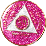 AA Medallion Pink Glitter Tri-Plate Sobriety Chip Year 1 - 45 - RecoveryChip