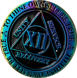 1 - 15 Year AA Medallion Reflex Rainbow Plated Black Sobriety Chip