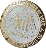 1 2 3 4 5 6 7 8 9 10 11 12 13 14 or 15 Year AA Medallion Reflex White Glitter Gold Plated Sobriety Chip