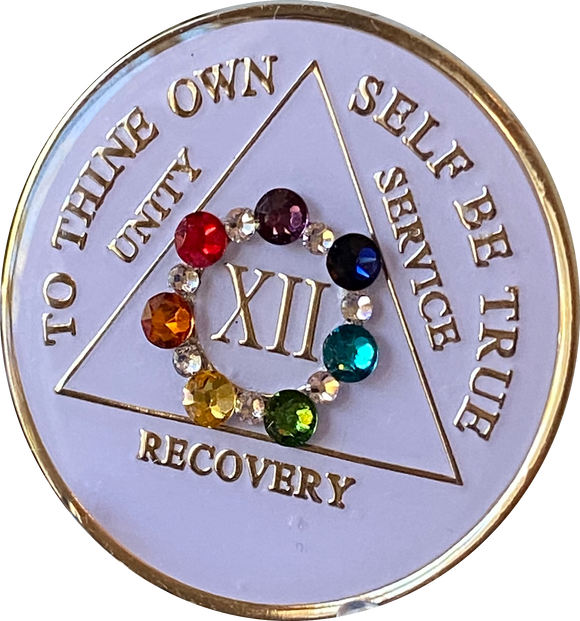 12 Year AA Medallion White Circle Shakra Crystal Tri-Plate Sobriety Chip