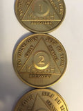 Lot Of 3 Alcoholics Anonymous AA 1 2 3 Month Bronze Medallions Chips - RecoveryChip