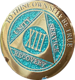 1 - 15 Year AA Medallion Elegant Glitter Aqua Turquoise Gold & Silver Plated Sobriety Chip