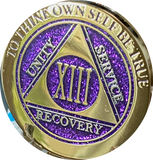 1 - 15 & 30 Year AA Medallion Elegant Glitter Purple Gold & Silver Plated Sobriety Chip