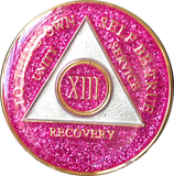 AA Medallion Pink Glitter Tri-Plate Sobriety Chip Year 1 - 45 - RecoveryChip