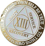 1 2 3 4 5 6 7 8 9 10 11 12 13 14 or 15 Year AA Medallion Reflex White Glitter Gold Plated Sobriety Chip