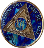 14 Year AA Medallion Sapphire Blue Swirl Tri-Plate Sobriety Chip
