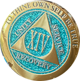1 - 15 Year AA Medallion Elegant Glitter Aqua Turquoise Gold & Silver Plated Sobriety Chip