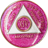 AA Medallion Pink Glitter Tri-Plate Sobriety Chip Year 1 - 45 - RecoveryChip