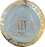 1 2 3 4 5 6 7 8 9 10 11 12 13 14 or 15 Year AA Medallion Reflex White Glitter Gold Plated Sobriety Chip