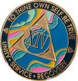 1 - 46 Year AA Medallion Elegant Tahiti Teal Blue and Pink Marble Gold Sobriety Chip