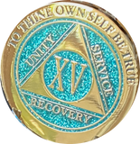 1 - 15 Year AA Medallion Elegant Glitter Aqua Turquoise Gold & Silver Plated Sobriety Chip