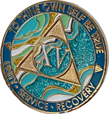 15 Year AA Medallion Elegant Caribbean Aqua Glitter Teal Marble Gold Sobriety Chip