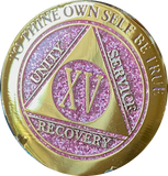 1 - 15 & 30 Year AA Medallion Elegant Glitter Pink Gold & Silver Plated Sobriety Chip