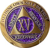 1 - 15 & 30 Year AA Medallion Elegant Glitter Purple Gold & Silver Plated Sobriety Chip