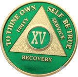 AA Medallion Green Gold Plated Year 1 - 65 Alcoholics Anonymous Chip - RecoveryChip