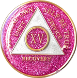 AA Medallion Pink Glitter Tri-Plate Sobriety Chip Year 1 - 45 - RecoveryChip