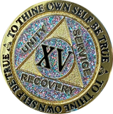 1 2 3 4 5 6 7 8 9 10 11 12 13 14 or 15 Year AA Medallion Reflex Birthday Funfetti Glitter Silver Gold Plated Sobriety Chip