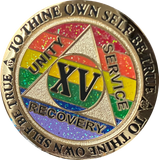 1 2 3 4 5 6 7 8 9 10 11 12 13 14 or 15 Year AA Medallion Reflex Rainbow Glitter Sobriety Chip