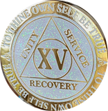 1 2 3 4 5 6 7 8 9 10 11 12 13 14 or 15 Year AA Medallion Reflex White Glitter Gold Plated Sobriety Chip