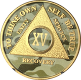 Camo & Gold Plated AA Medallion Any Year or Month 1 - 65 Alcoholics Anonymous Chip - RecoveryChip