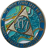 16 Year AA Medallion Elegant Caribbean Aqua Glitter Teal Marble Gold Sobriety Chip
