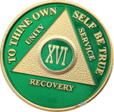 AA Medallion Green Gold Plated Year 1 - 65 Alcoholics Anonymous Chip - RecoveryChip