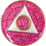 AA Medallion Pink Glitter Tri-Plate Sobriety Chip Year 1 - 45 - RecoveryChip